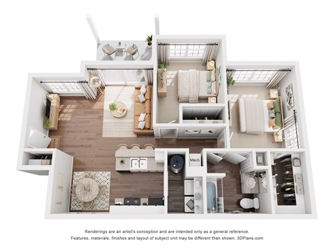 Floor plan for 2 beds, 1 bath, 976 sqft